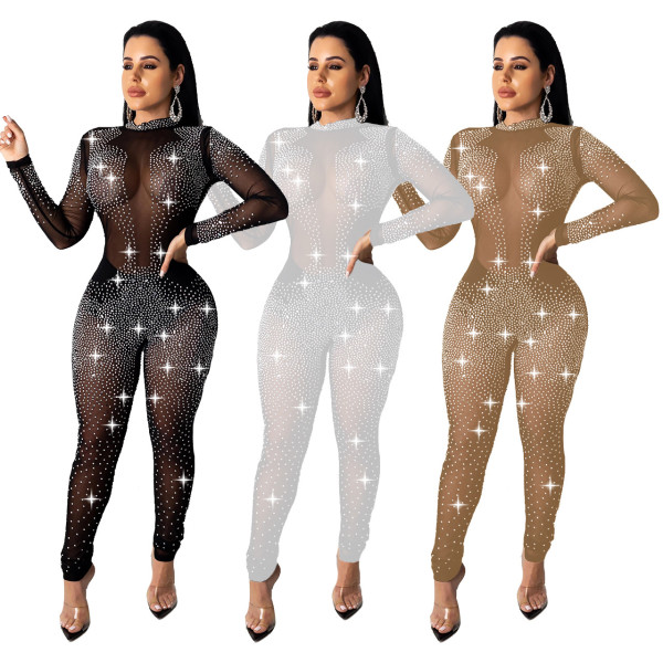 New Women Mesh Perspective Hot Drilling Mock Neck Bodycon Jumpsuit Q407