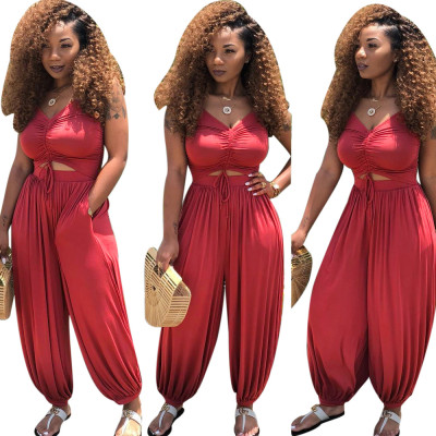 Newest Casual Pleated Halter Neck Lantern Red Jumpsuit AL027