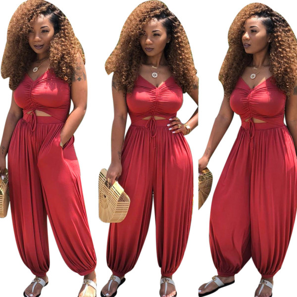 Newest Casual Pleated Halter Neck Lantern Red Jumpsuit AL027