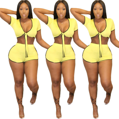 Wholesale Price Sport Bodycon Yellow Shorts Suits S6134