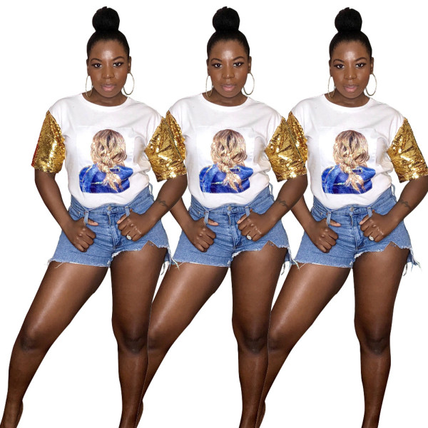 Cheap Sequin Patchwork Street Style Women T-Shirt A8443