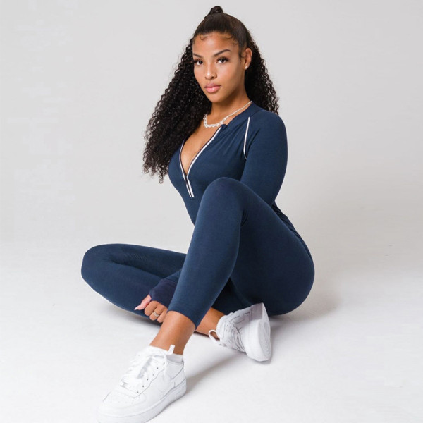 Sexy Solid Color Zipper V-Neck Long Sleeves Bodycon Jumpsuit P082785W