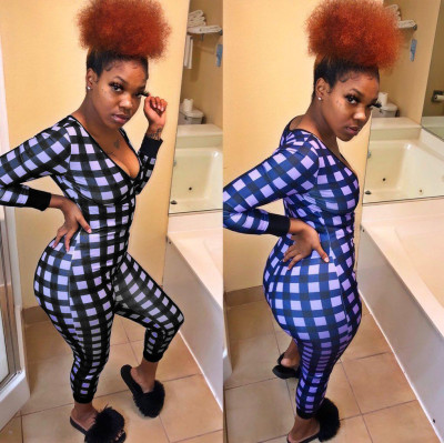Sexy printed V-neck check jumpsuit KSN5088