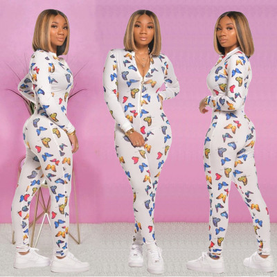 Casual Butterfly Printed Zipper V-Neck Long Sleeves Bodycon Jumpsuit KSN5149