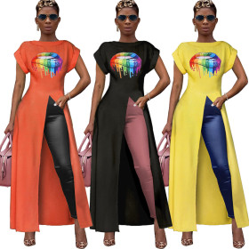 Irregular High Split Lip Printing Round Neck Long Top SY8378