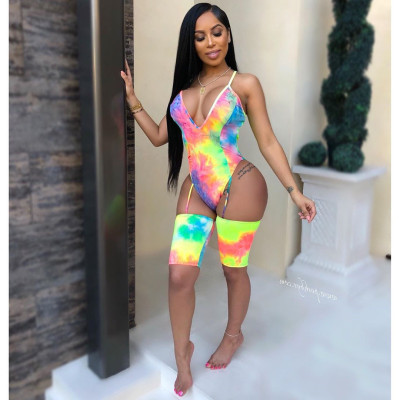 Euramerican Sexy Printing V Collar Bodycon Jumpsuit HY5061
