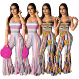 Smocking Stitch Women Spaghetti Strap Flared Pants SDD9109