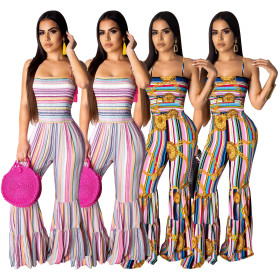 Smocking Stitch Women Spaghetti Strap Flared Pants SDD9109