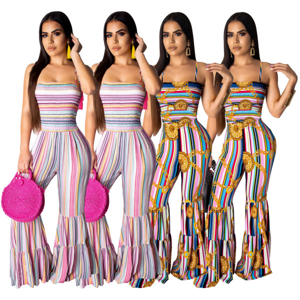 Smocking Stitch Women Spaghetti Strap Flared Pants SDD9109