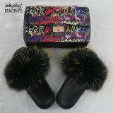 Painted graffiti chain bag with color fox fur grass ladies sandals and slippers bag set JBD004