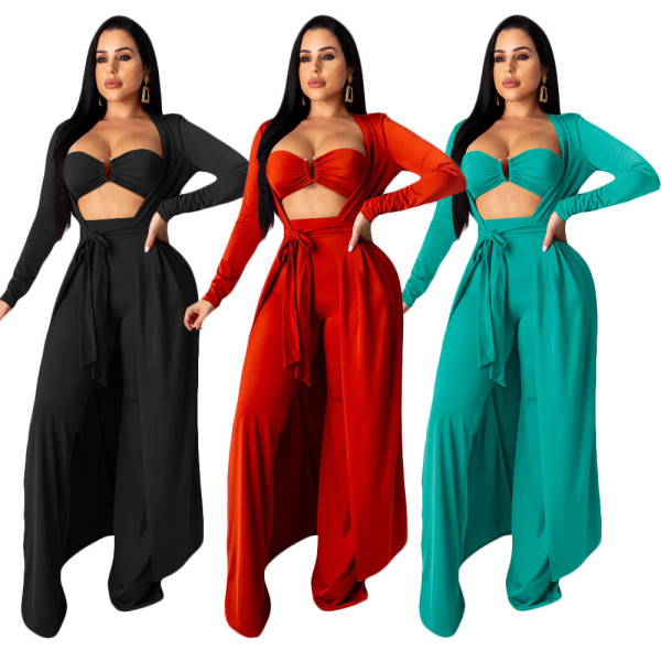 Newest Pure Color 3 Pieces Sets Bra Top Straight Pants Bandage Cloak SN3685