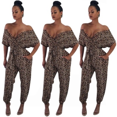 Vintage Clothes Leopard Print V Collar Women Jumpsuits E8116