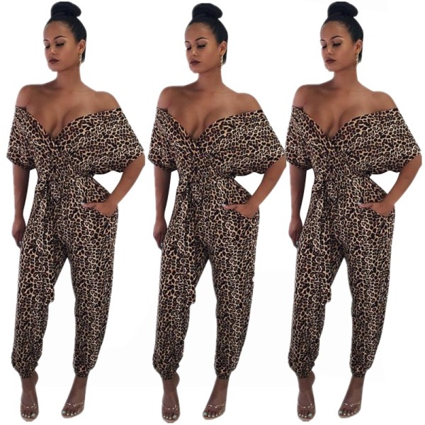 Vintage Clothes Leopard Print V Collar Women Jumpsuits E8116
