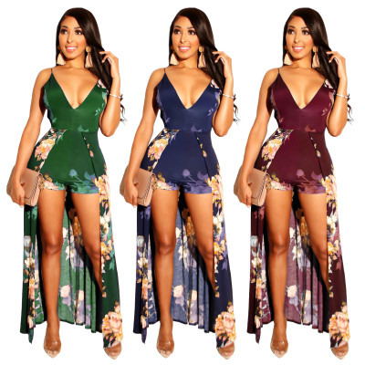 Fashion Floral Print Backless V Neck Bandage Jumpsuit ZS078