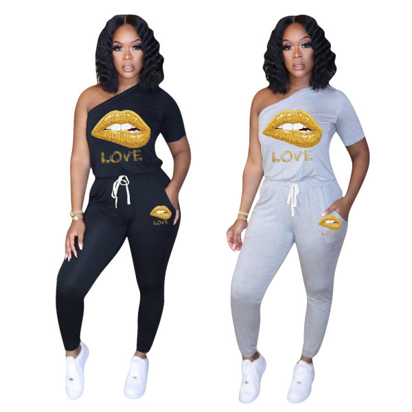 Sexy Lips Letter Printed One Shoulder Drawstring Jumpsuit OFN6402