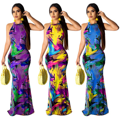 Graffiti positioning printed sleeveless backless sexy long dress LML013