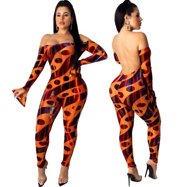 Fashion sexy print word collar off-shoulder trumpet sleeves jumpsuit ML7261
