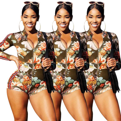 Hot Sale Tight Long Sleeves Floral Print Short Jumpsuit ED8012