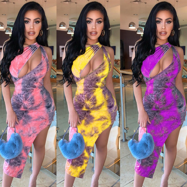 Fashion print sloping shoulder topless irregular dress BN045