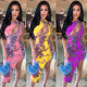 Fashion print sloping shoulder topless irregular dress BN045