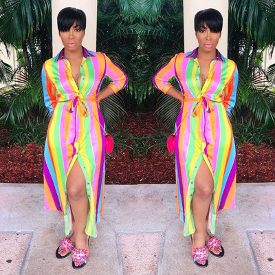 Fashion Turn-Down Collar Shirt Iridescent Stripe Women Dress AL057