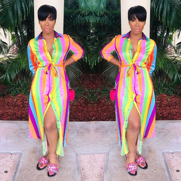 Fashion Turn-Down Collar Shirt Iridescent Stripe Women Dress AL057