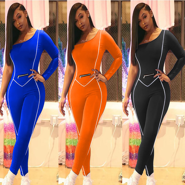 Fashion cute sports and leisure oblique shoulder one-shoulder long-sleeved solid color jumpsuit MR20