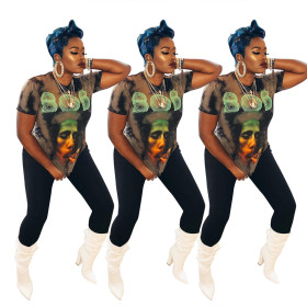 Casual Short Sleeve Basic O Neck Printed T Shirt Q231