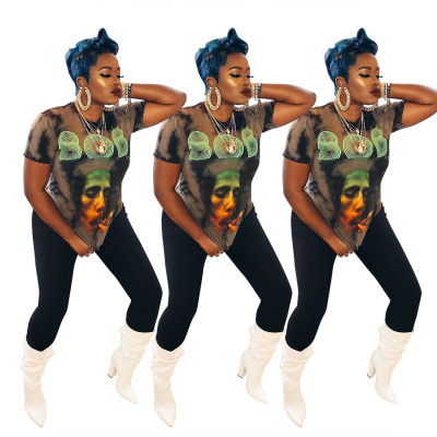 Casual Short Sleeve Basic O Neck Printed T Shirt Q231