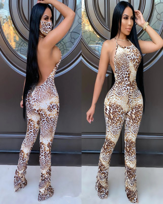 Sexy Leopard Printed Suspenders Sleeveless Backless Pleated Jumpsuit LA3216