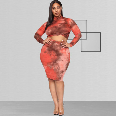 Tie-dye printed tight-fitting buttocks sexy suit plus size women's two-piece suit OSS20728