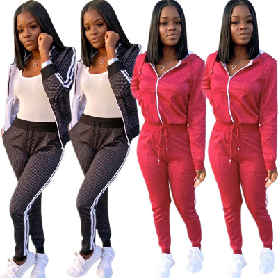 Hooded Coat Elastic Waist Slinky Pants Solid Color Sport Sets SMD7022