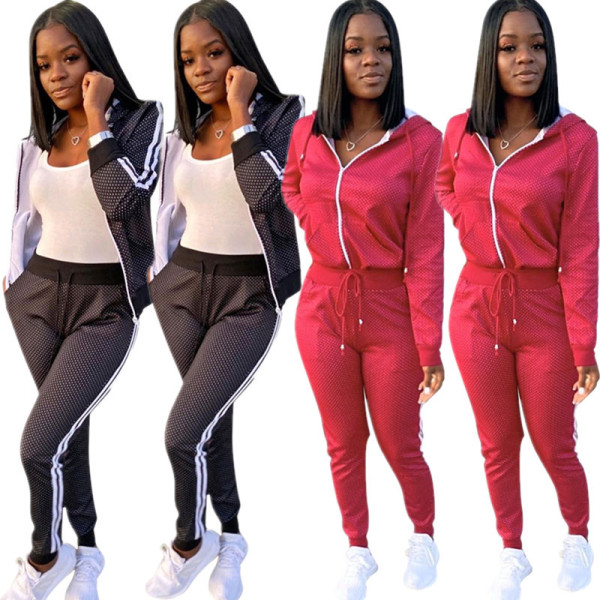 Hooded Coat Elastic Waist Slinky Pants Solid Color Sport Sets SMD7022