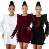 Lace Sexy See Through Bodycon Plain Color Ruffle Short Dress JLX3081