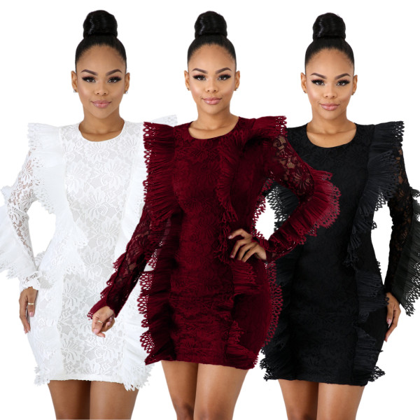 Lace Sexy See Through Bodycon Plain Color Ruffle Short Dress JLX3081