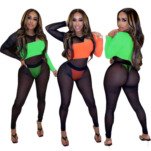 Trendy Thin Slim Bodycon Perspective Color Patchwork Jumpsuit MY9608
