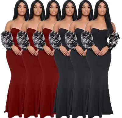 Elegant Strapless Solid Sequins Sleeves Long Dress LA3058