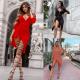 Irregular dress sexy V-neck long-sleeved bag hip pleated dress ZY1517