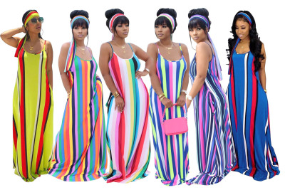 Striped tie-dye suspender belt turban dress YZ1187