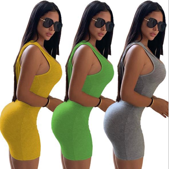 Fashion casual sexy solid color U-neck hooded nightclub style slim sports sleeveless dress SM9091