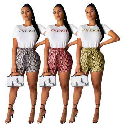 Letters Short Sleeve T-Shirt Snake Print Bandage Shorts ML7229