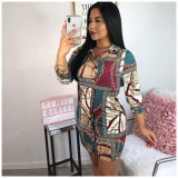 Newest Printing 3/4 Sleeves Shirt Button Down Short Dress ORY5062
