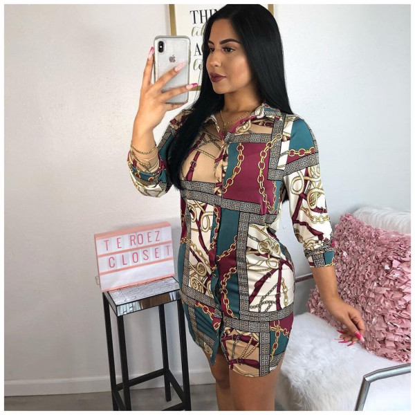 Newest Printing 3/4 Sleeves Shirt Button Down Short Dress ORY5062