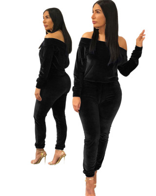 Oversize Plain Color Off Shoulder Two-Piece Velvet Outfits ZH5155