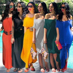 Solid Color Hot Split Oblique Shoulder Long Dress ALS091