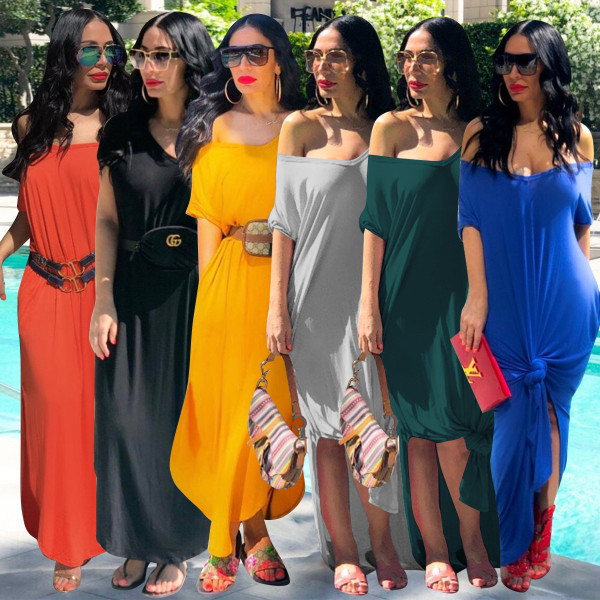 Solid Color Hot Split Oblique Shoulder Long Dress ALS091