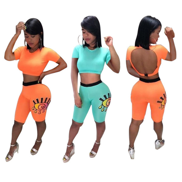 Backless Solid T-Shirt Lovely Pattern Mid Shorts N9125