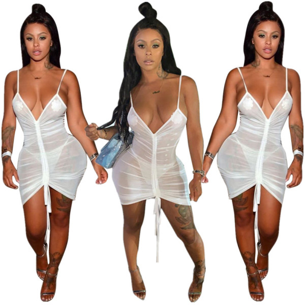 Cheap Clubwear Pleated Condole Belt White Dress DN8247