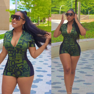 Sexy Printed Zipper V-Neck Short Sleeves Bodycon Jumpsuit CL6067