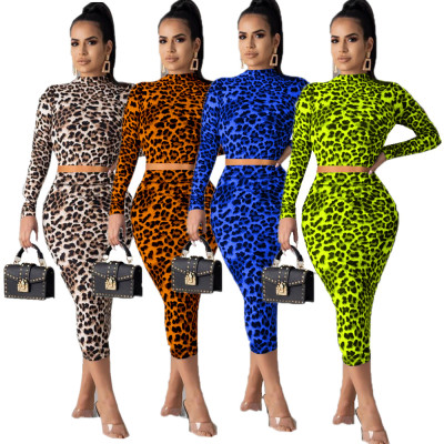 Cheap Leopard Printed Slim Suits Long Sleeve Top Wrap Skirt OMM1089